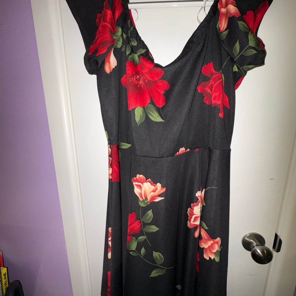 Liliana Black Maxi Dress with Red Floral Design